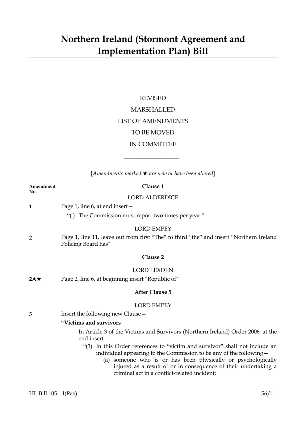 Northern Ireland (Stormont Agreement and Implementation Plan) Bill Lords Amendments Revised 1st Marshalled List