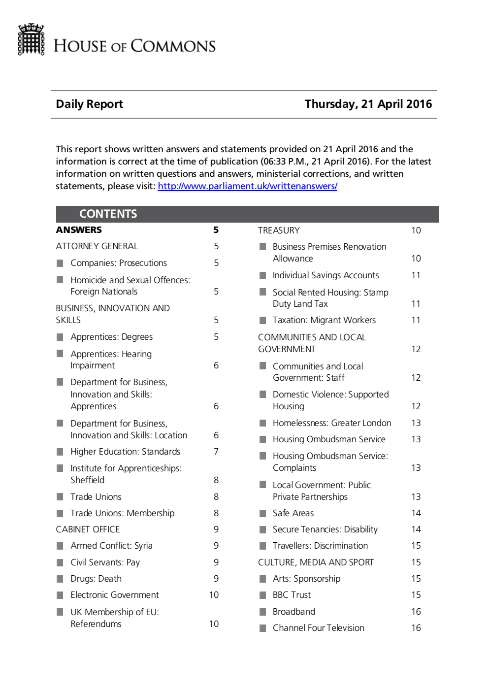 HOC Daily Report Written Answers 21.04.16