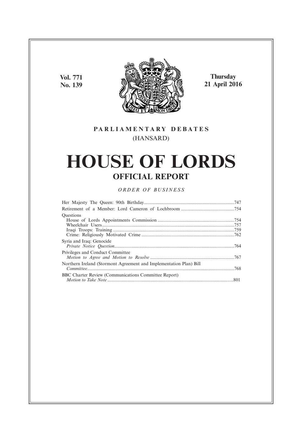 HOL Daily Hansard Vol. 771, No. 139 21.04.16