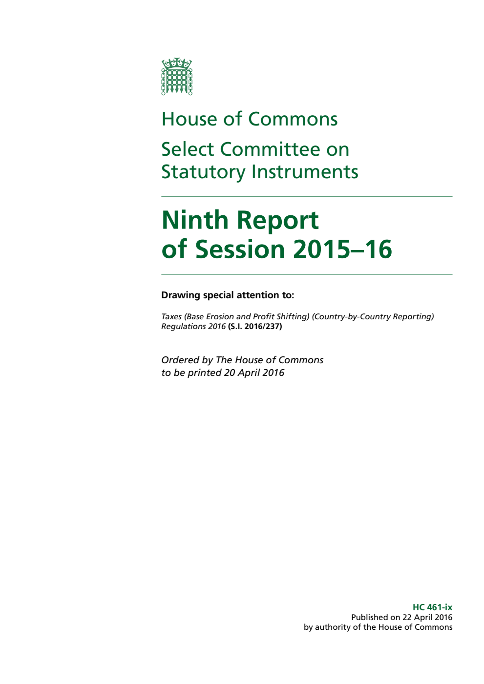 Statutory Instruments Committee 9th Report of Session 2015-16