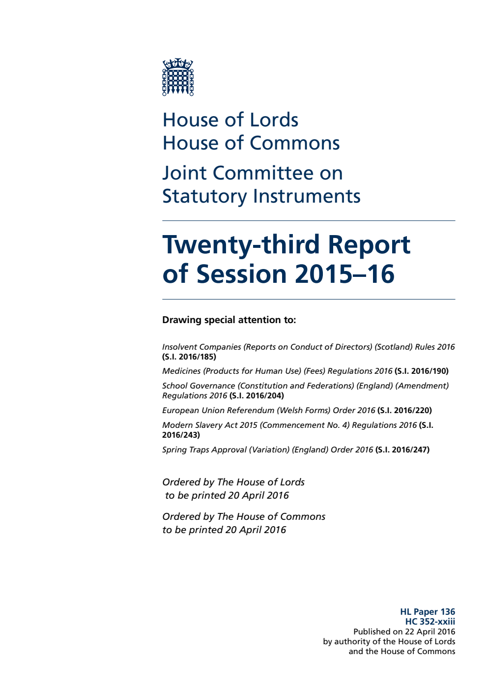 Statutory Instruments Joint Committee 23rd Report of Session 2015-16