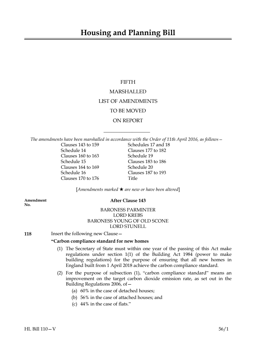 Housing and Planning Bill Lords Amendments 5th Marshalled List