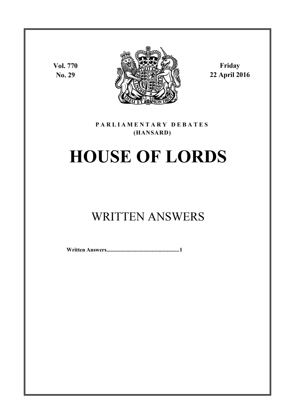 HOL Daily Report Written Statements and Answers 22.04.16