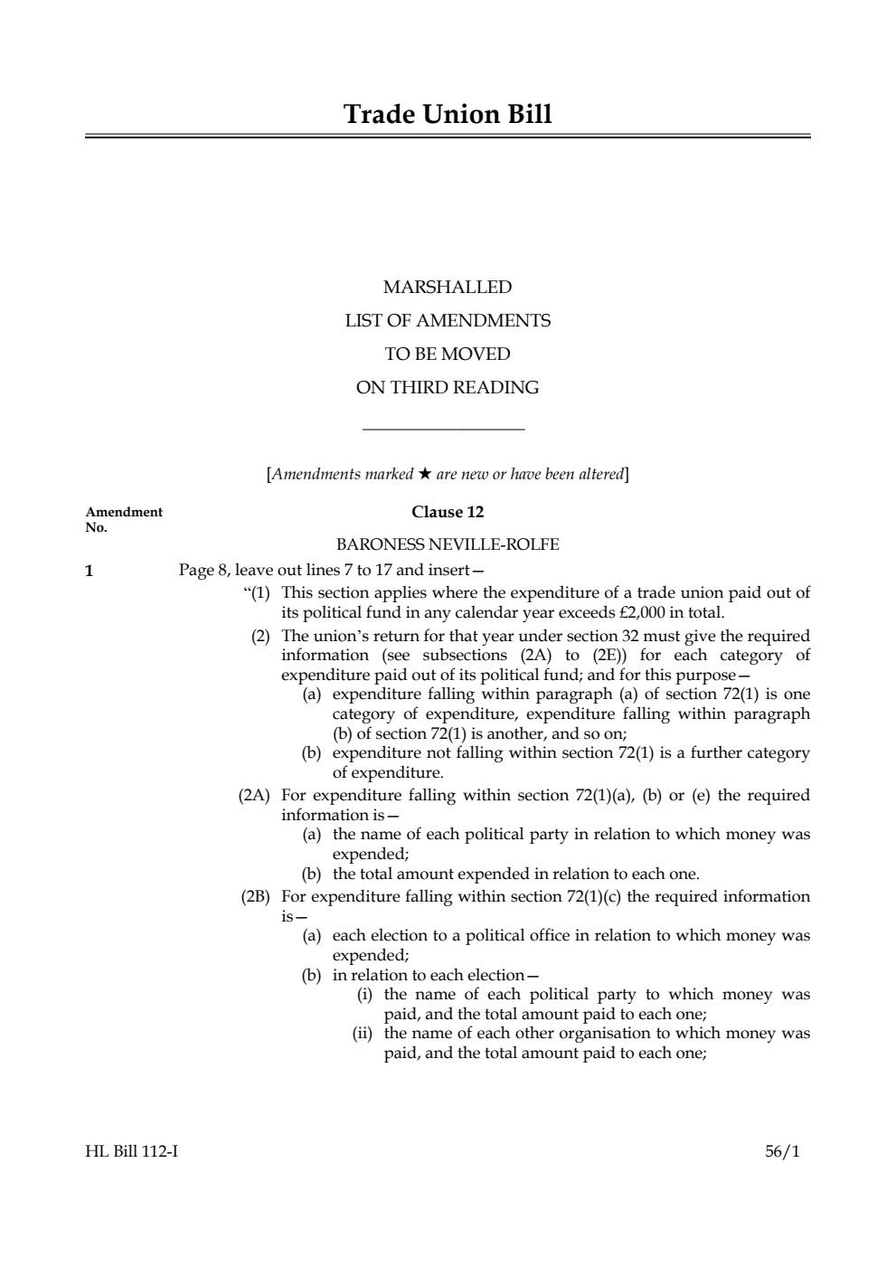 Trade Union Bill Lords Amendments 1st Marshalled List