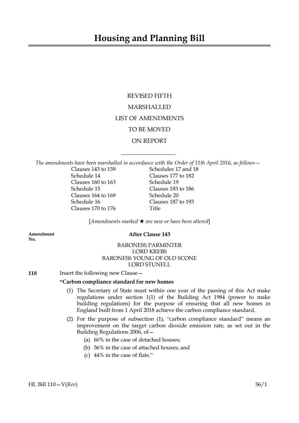Housing and Planning Bill Lords Amendments Revised 5th Marshalled List