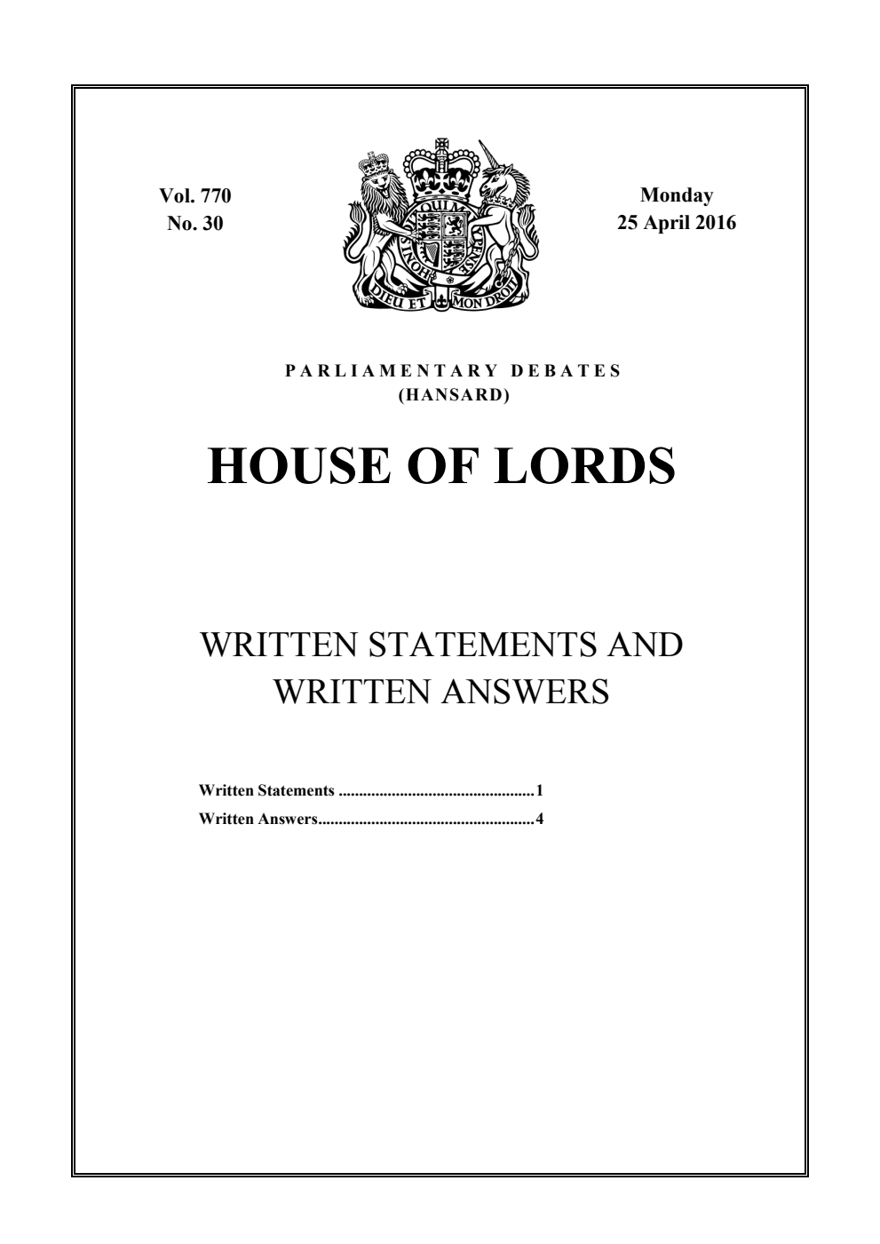 HOL Daily Report Written Statements and Answers 25.04.16