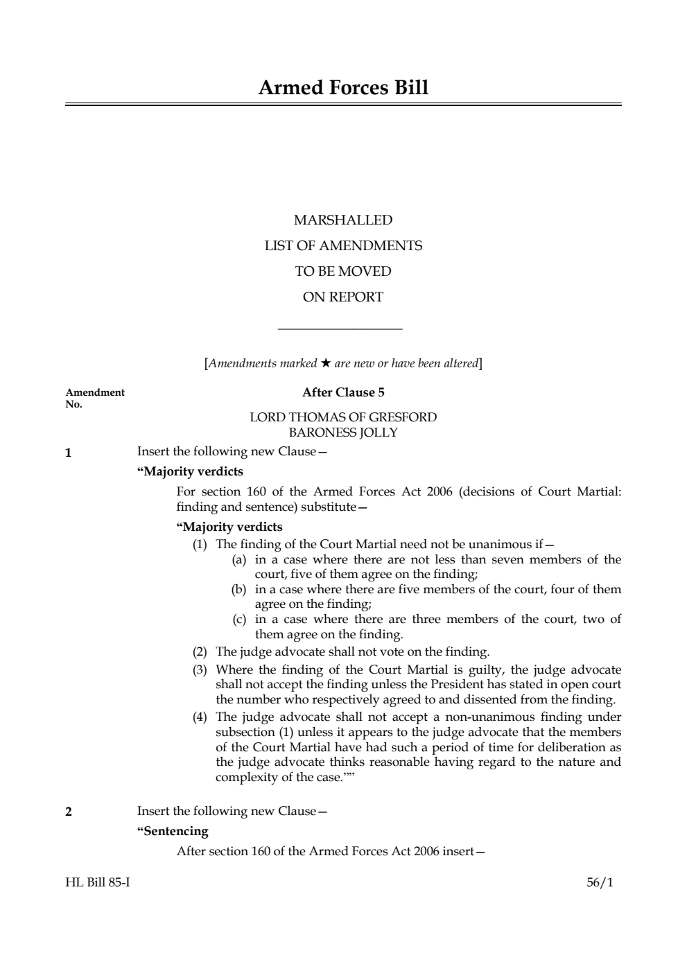 Armed Forces Bill Lords Amendments 1st Marshalled List