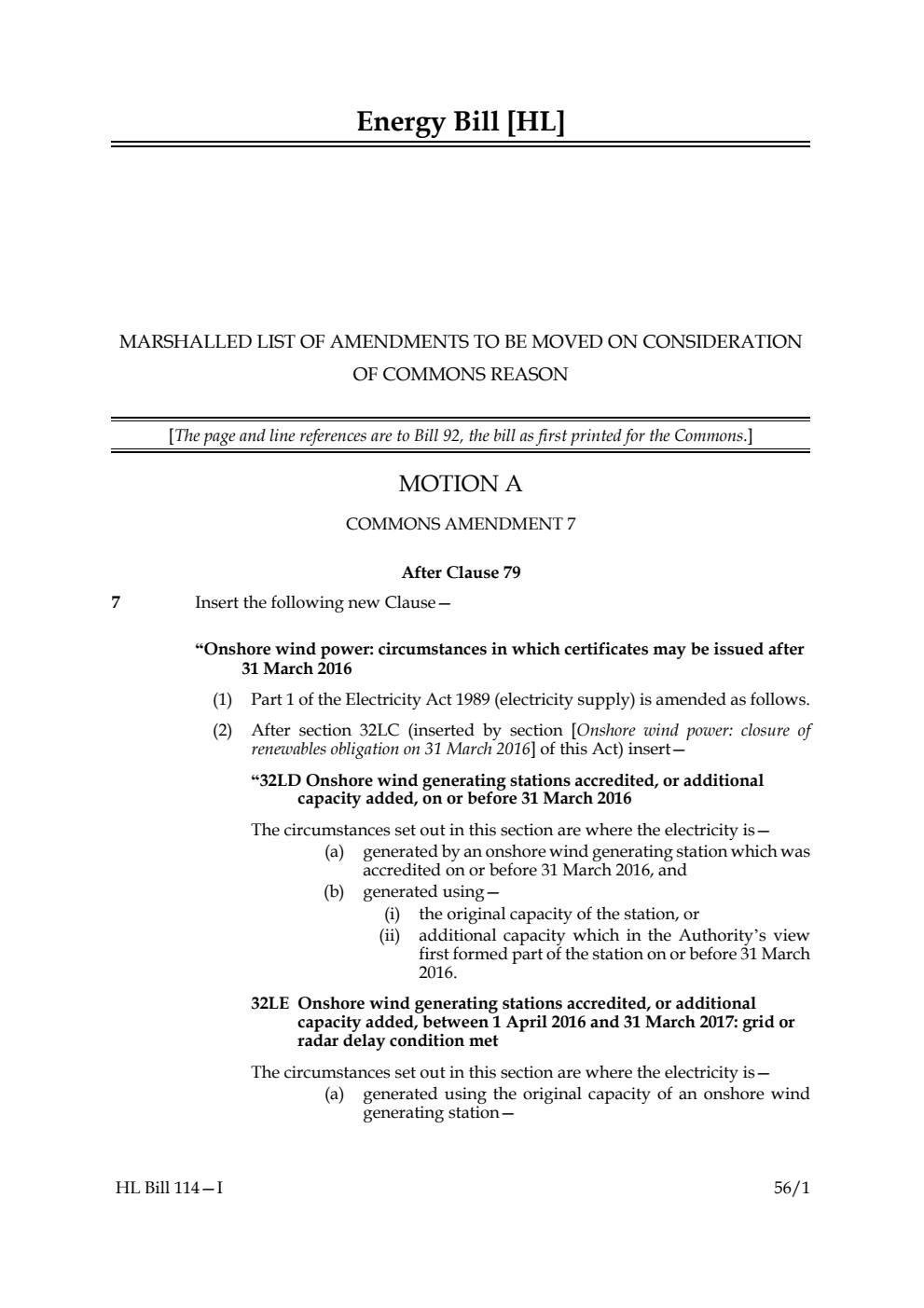 Energy Bill Marshalled list of amendments to be moved on consideration of Commons reason