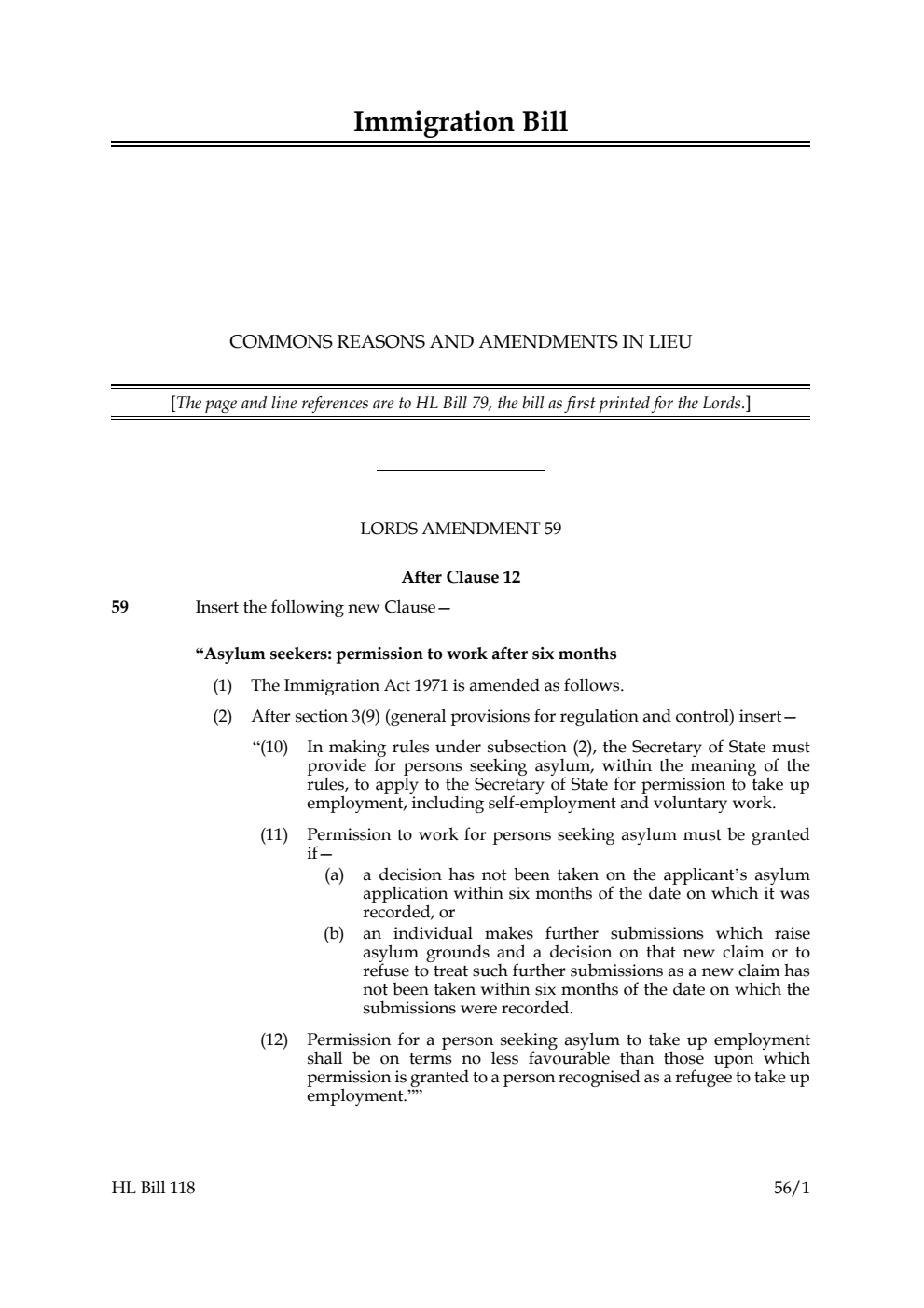 Immigration Bill Commons reasons and amendments in lieu