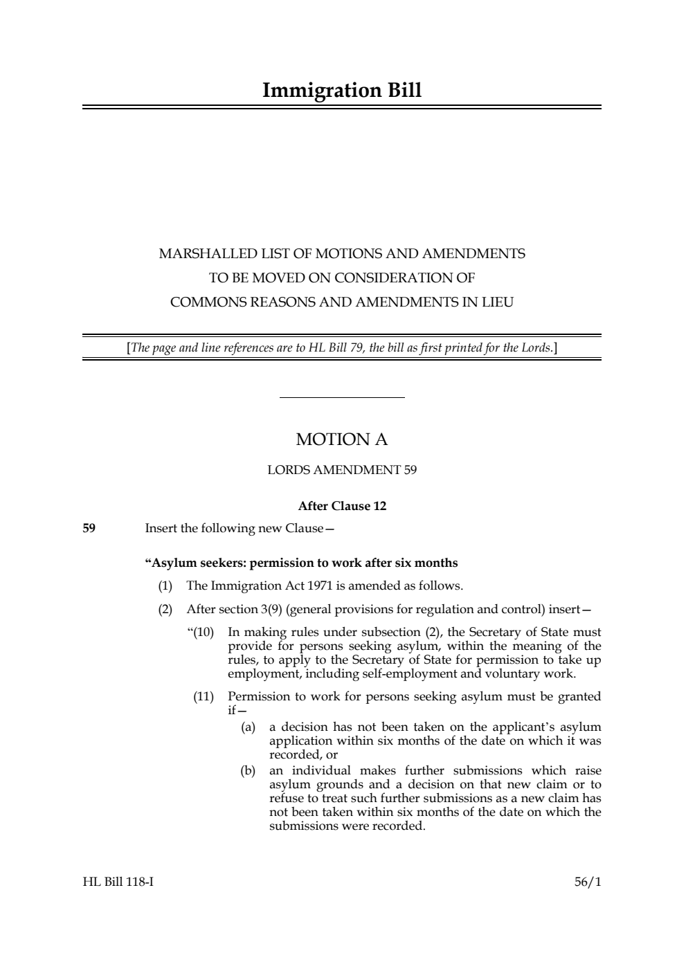 Immigration Bill Marshalled list of motions and amendments to be moved on consideration of Commons reasons and amendments in lieu