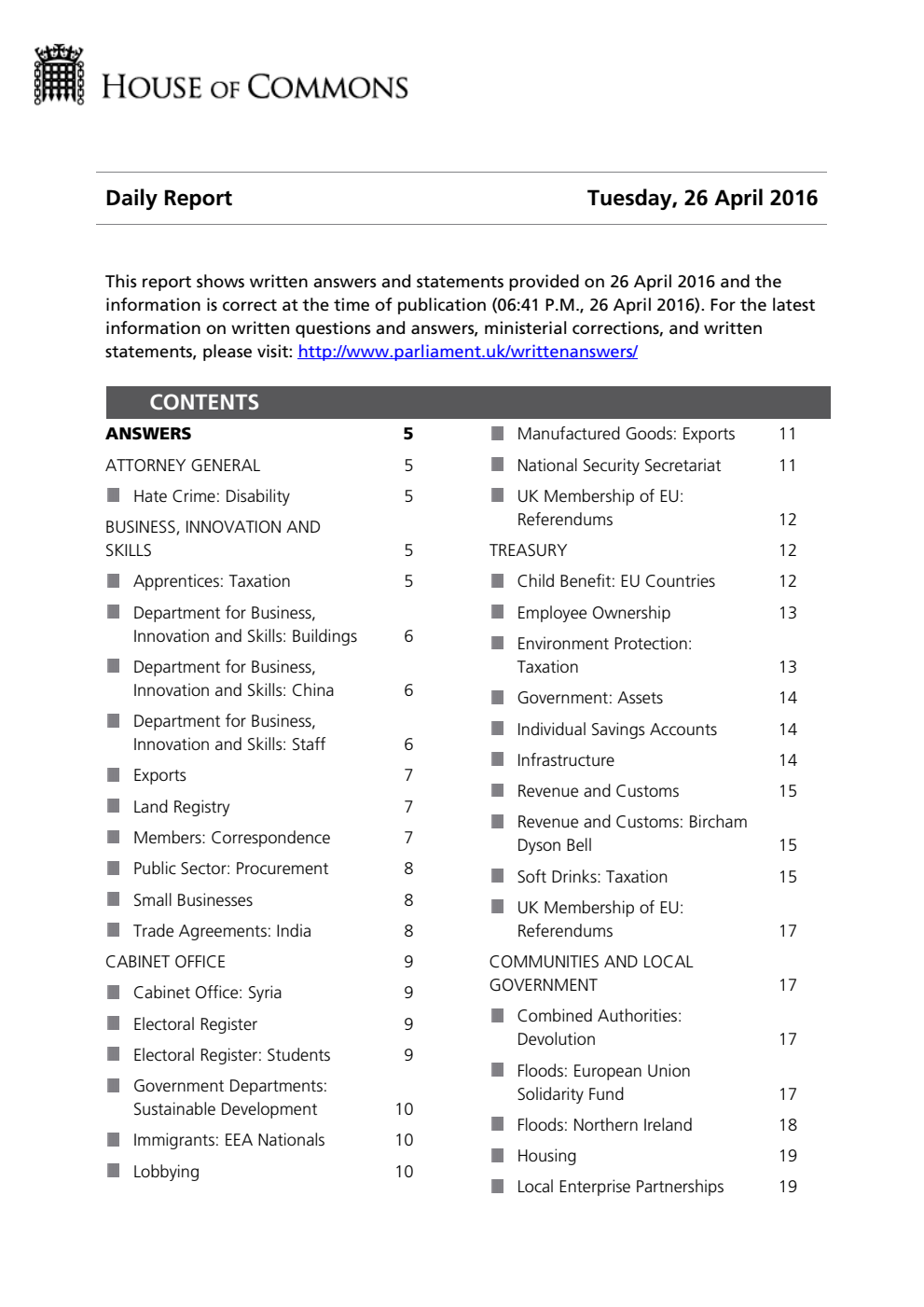HOC Daily Report Written Answers 26.04.16