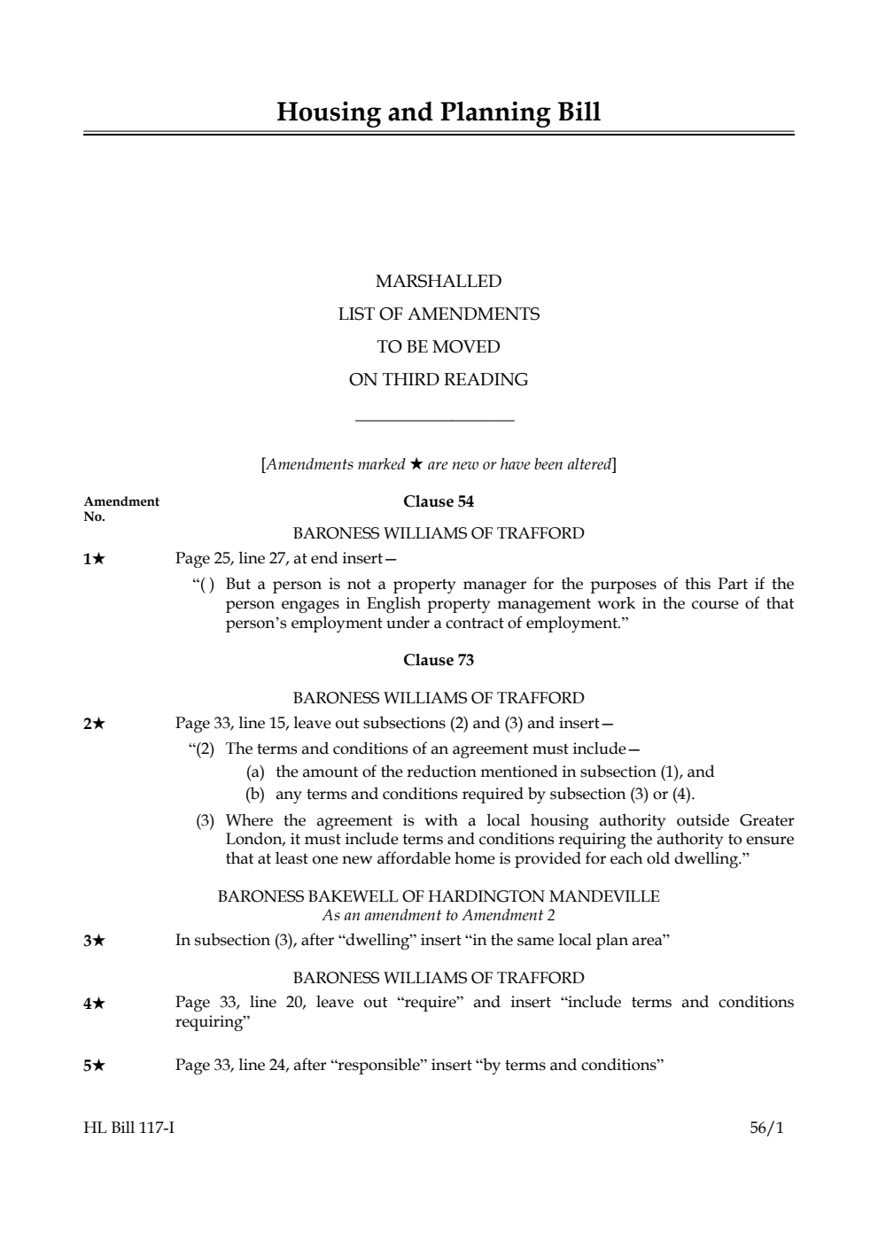 Housing and Planning Bill Lords Amendments 1st Marshalled List