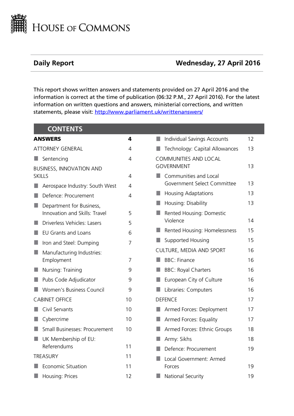 HOC Daily Report Written Answers 27.04.16