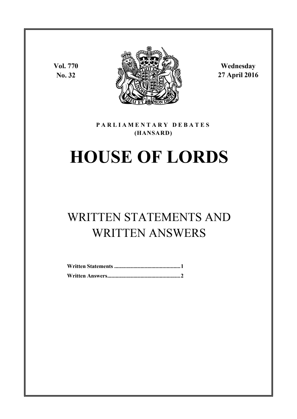HOL Daily Report Written Statements and Answers 27.04.16