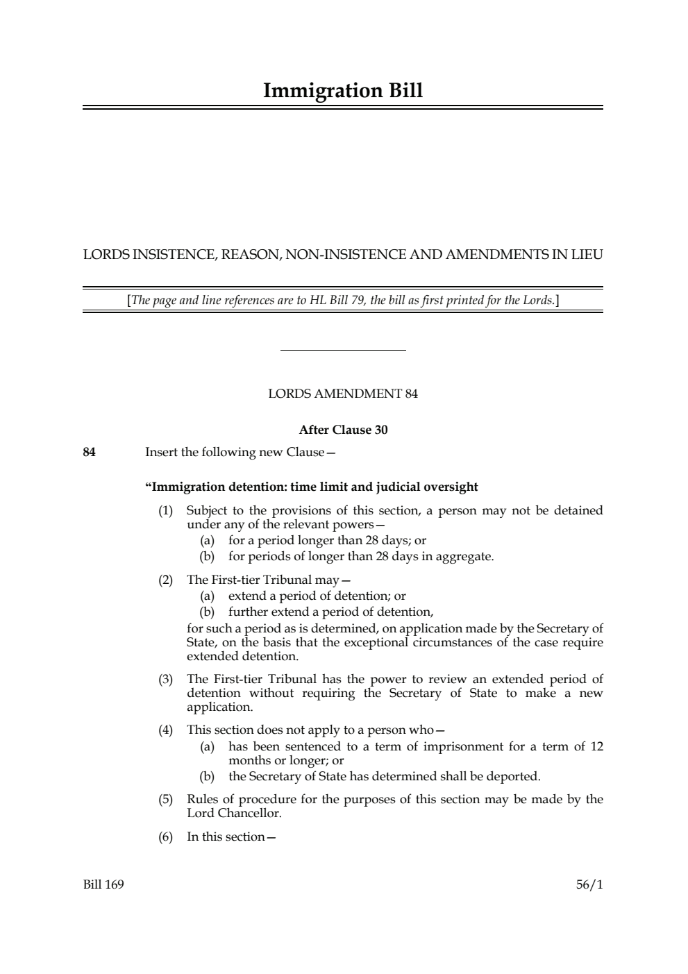 Immigration Bill Lords insistence, reason, non-insistence and amendments in lieu