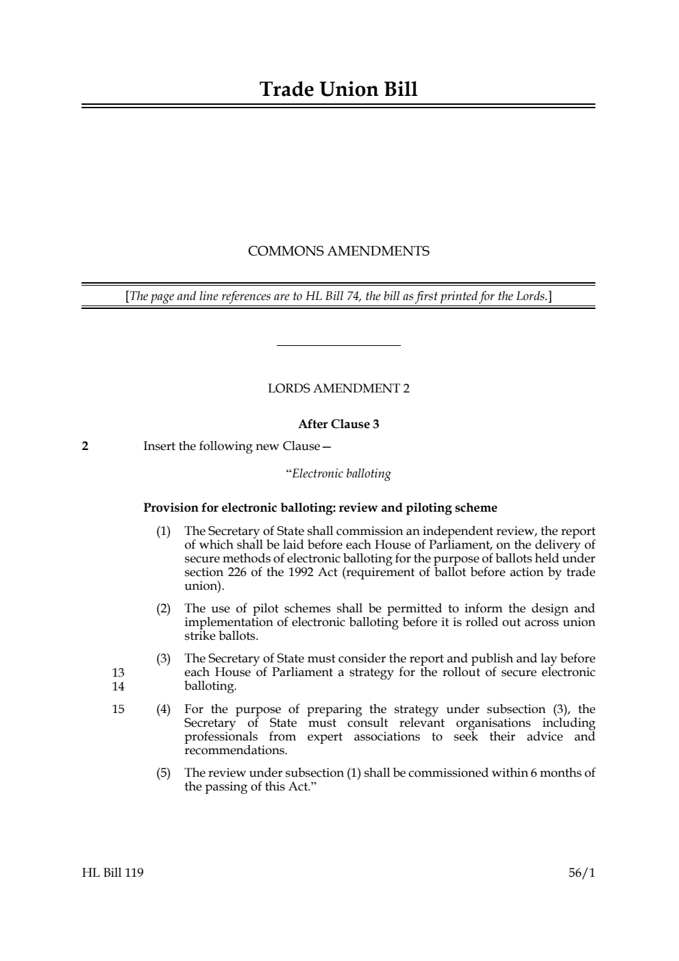 Trade Union Bill Commons Amendments
