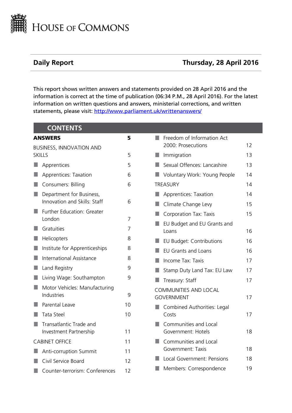 HOC Daily Report Written Answers 28.04.16