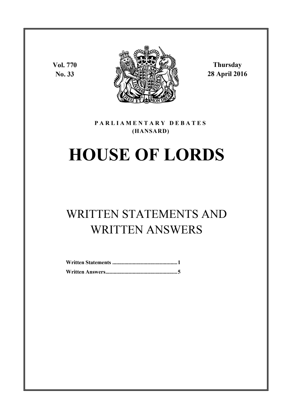 HOL Daily Report Written Statements and Answers 28.04.16