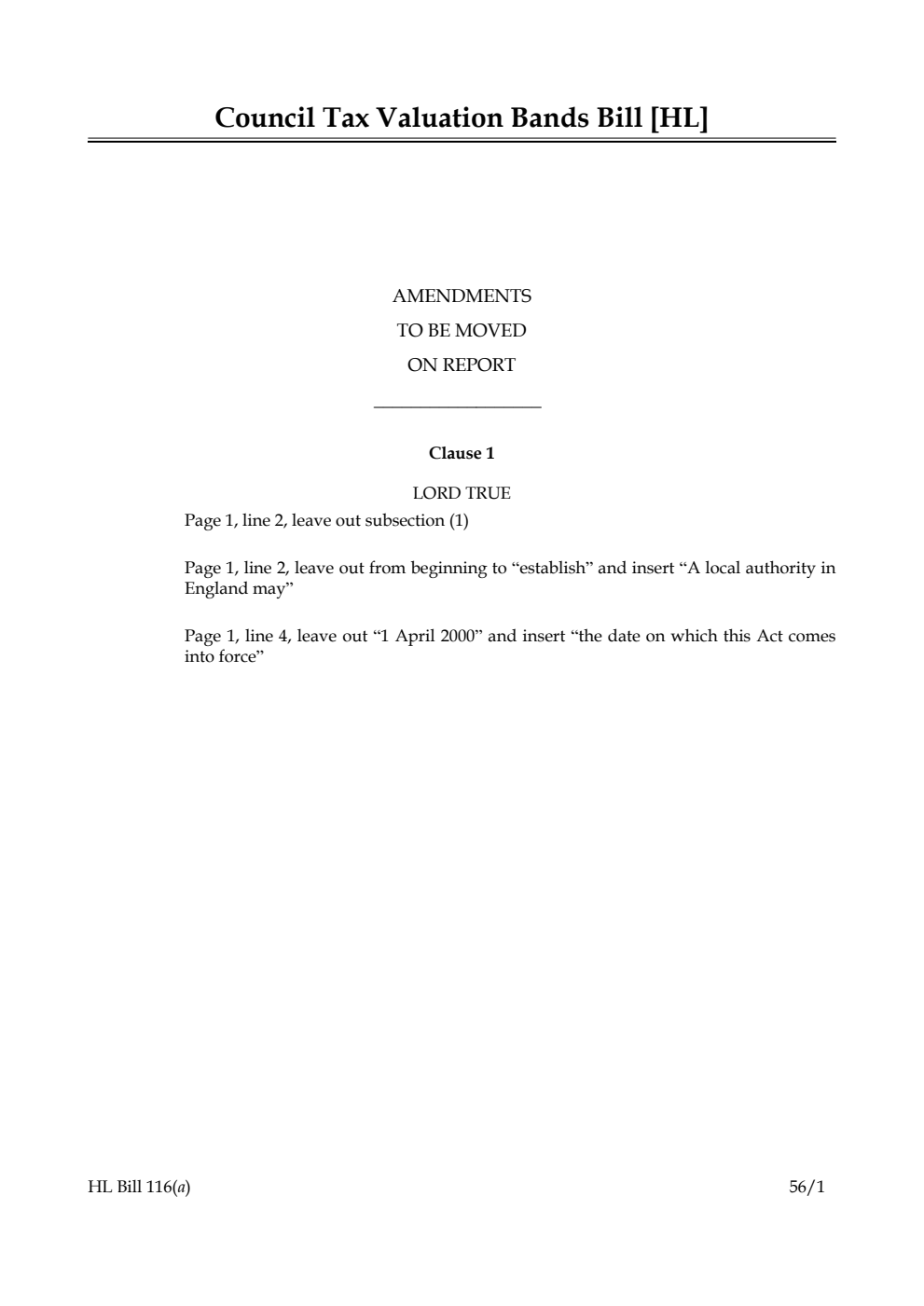 Council Tax Valuation Bands Bill Lords Amendments 1st Marshalled List