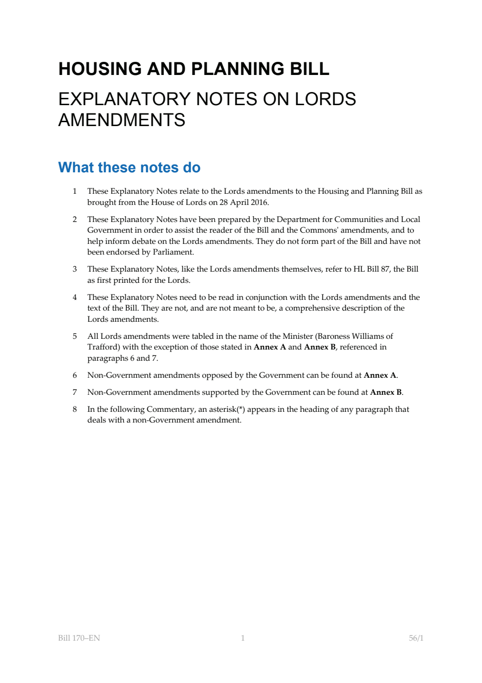 Housing and Planning Bill Explanatory Notes on Lords Amendments