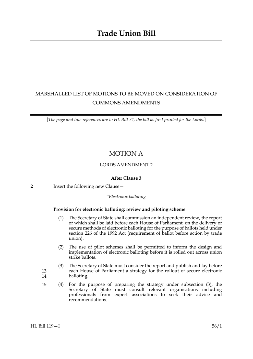 Trade Union Bill Marshalled list of motions to be moved on consideration of Commons Amendments