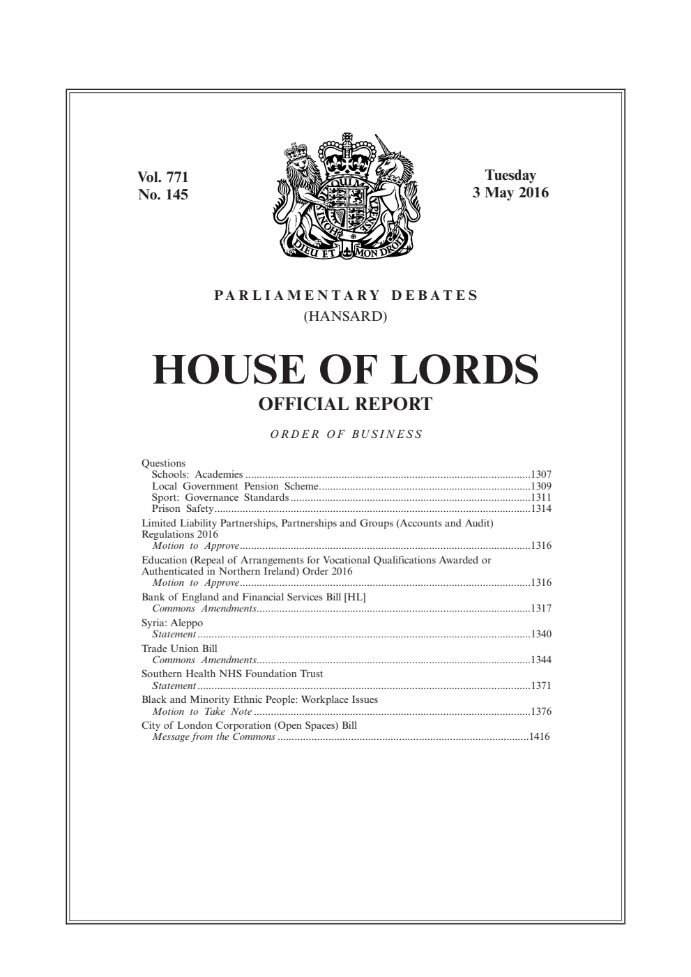 HOL Daily Hansard Vol. 771, No. 145 03.05.16
