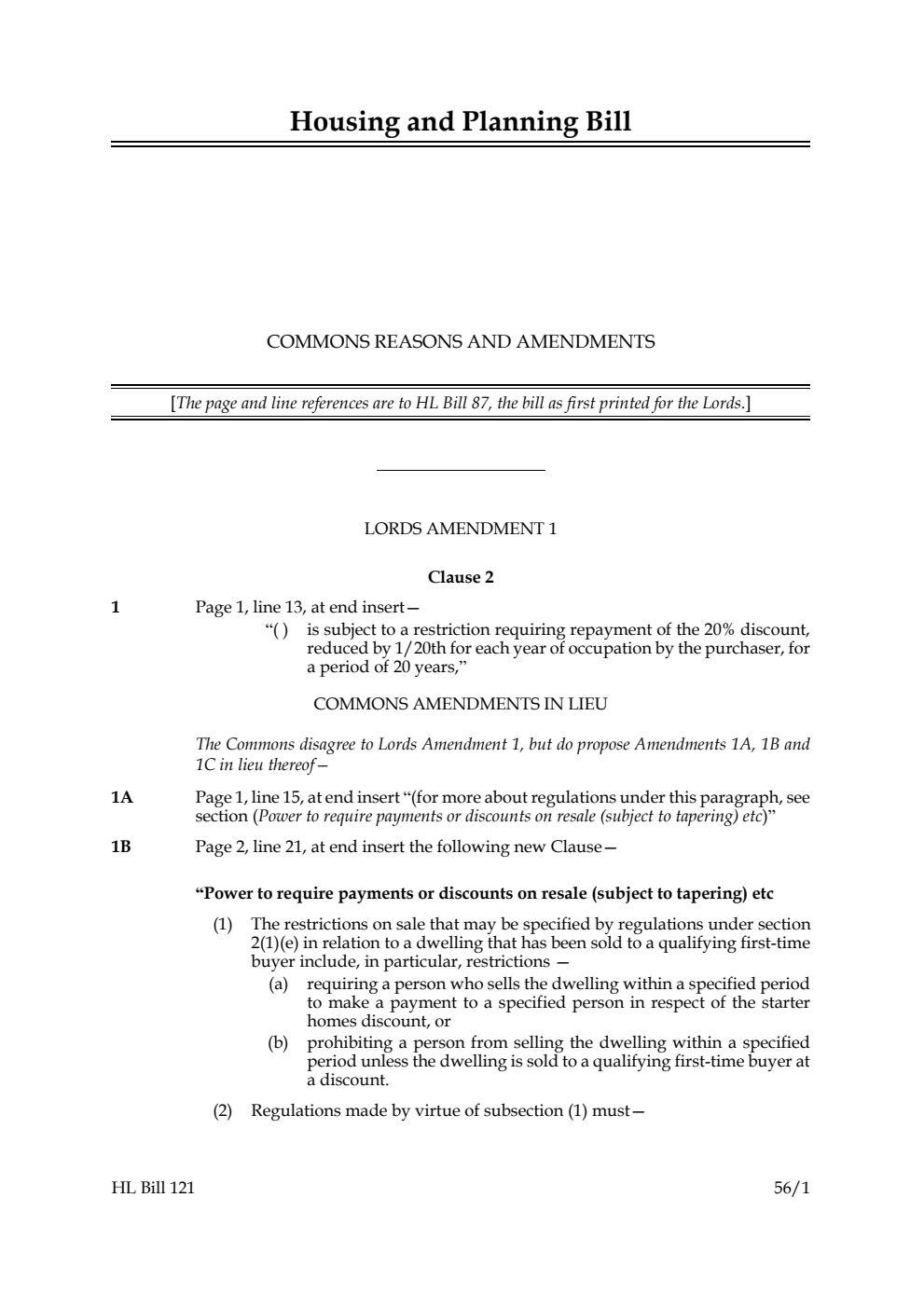 Housing and Planning Bill Commons reasons and amendments