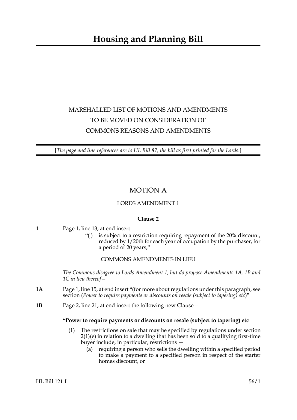 Housing and Planning Bill Marshalled list of motions and amendments to be moved on consideration of Commons reasons and amendments