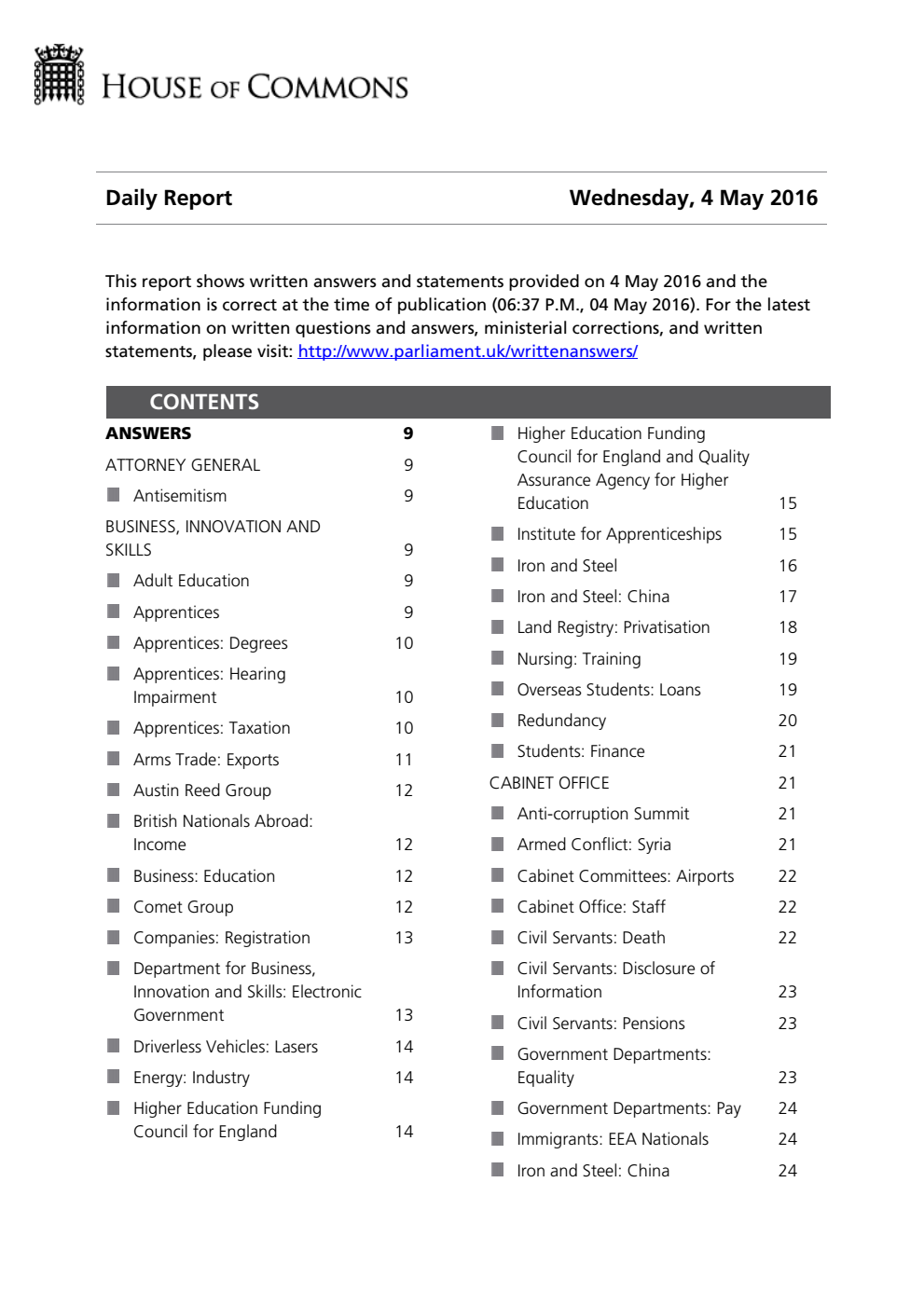 HOC Daily Report Written Answers 04.05.16