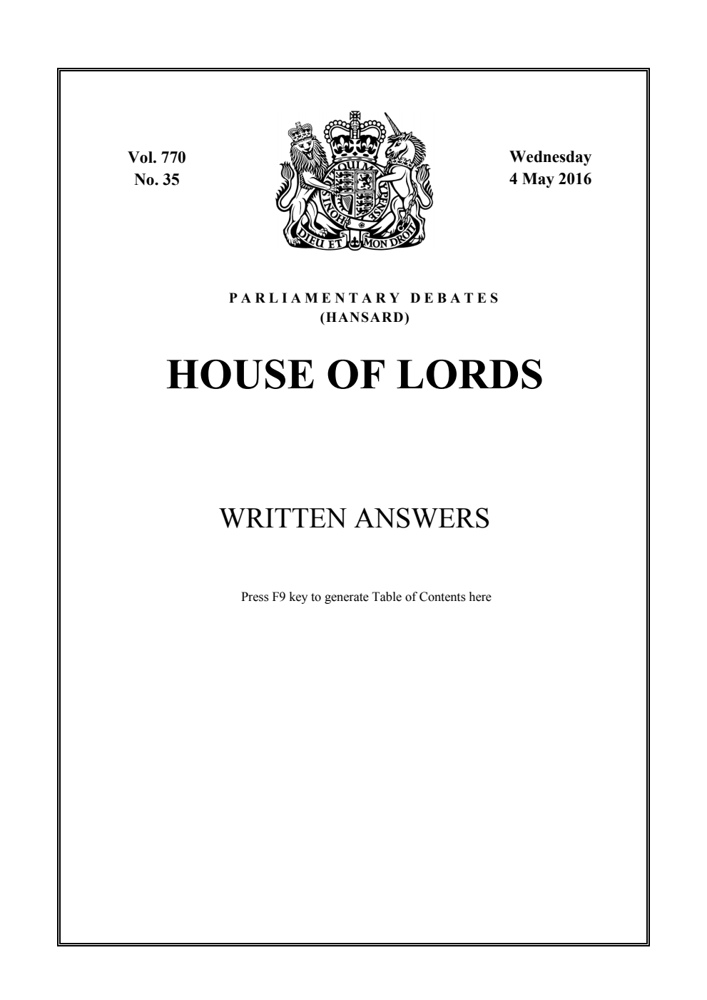 HOL Daily Report Written Statements and Answers 04.05.16