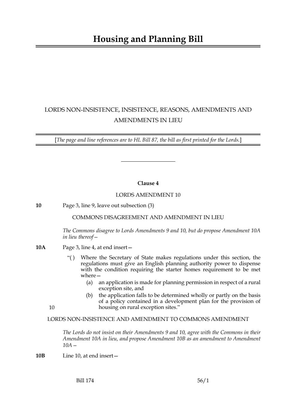 Housing and Planning Bill Lords non-insistence, insistence, reasons, amendments and amendments in lieu
