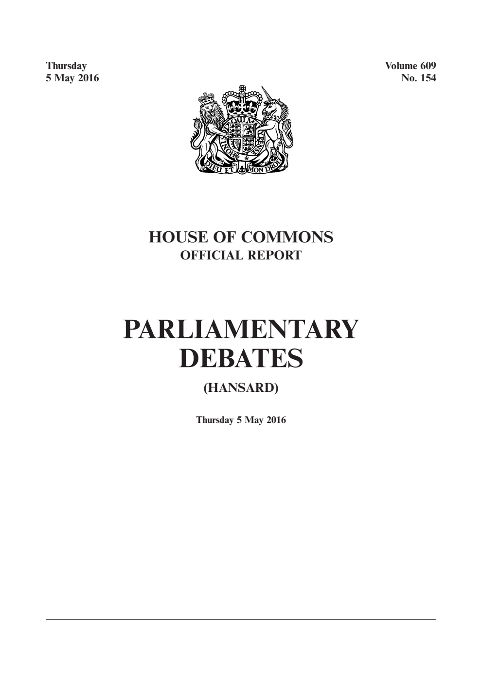 HOC Daily Hansard Vol. 609, No. 154 05.05.16