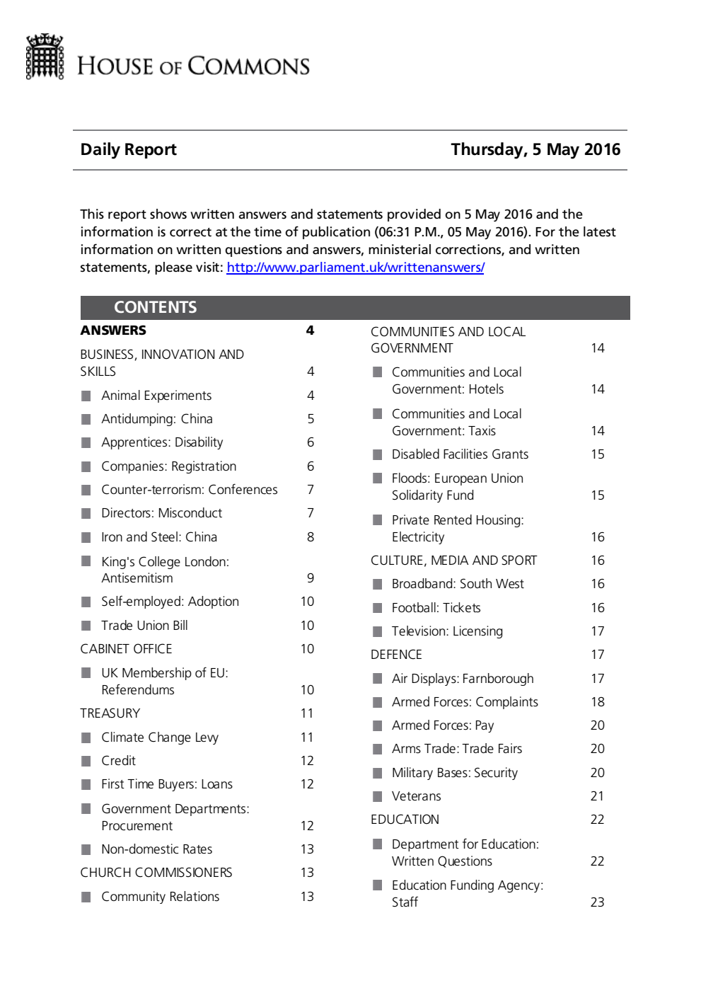 HOC Daily Report Written Answers 05.05.16