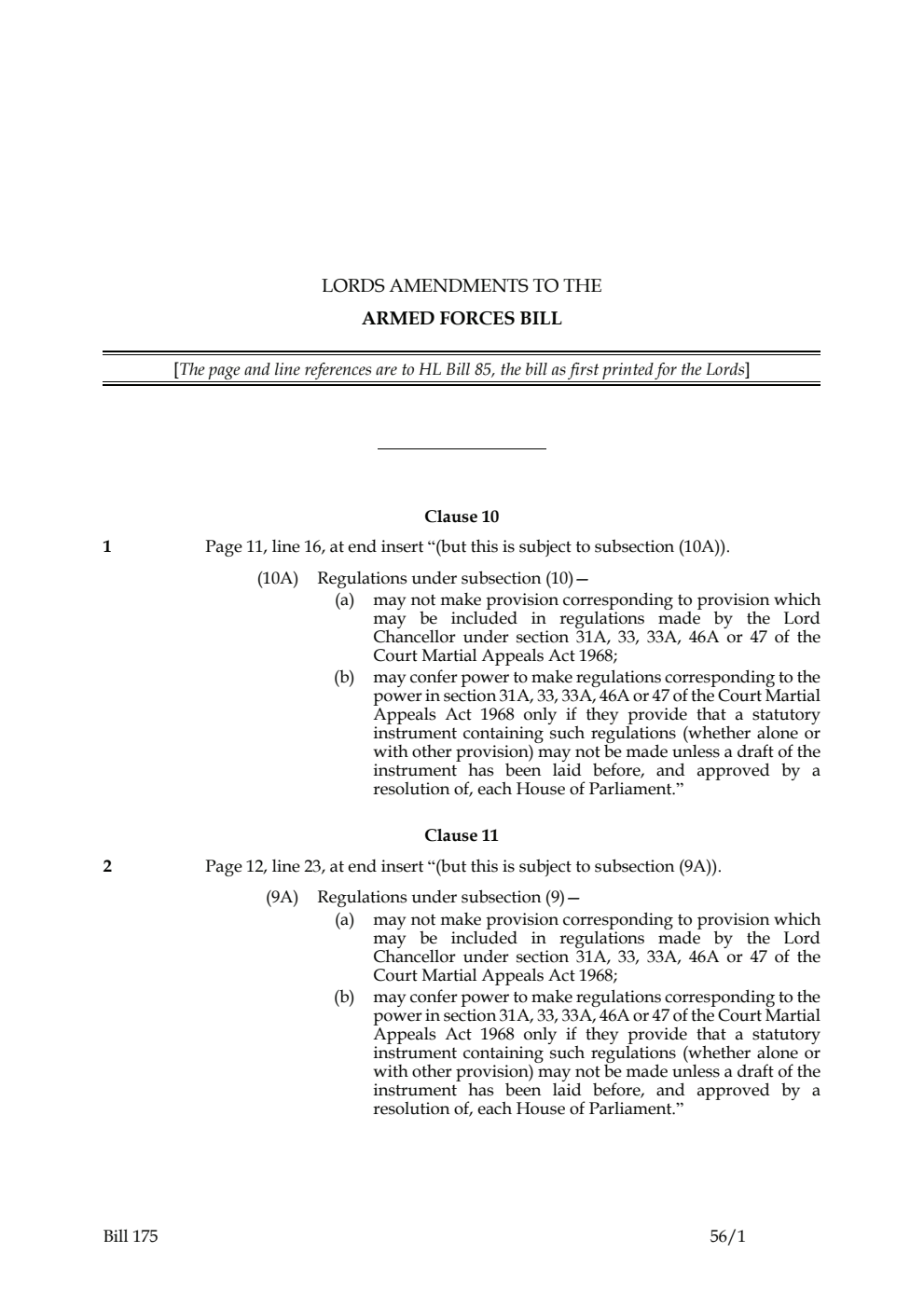 Lords Amendments to the Armed Forces Bill