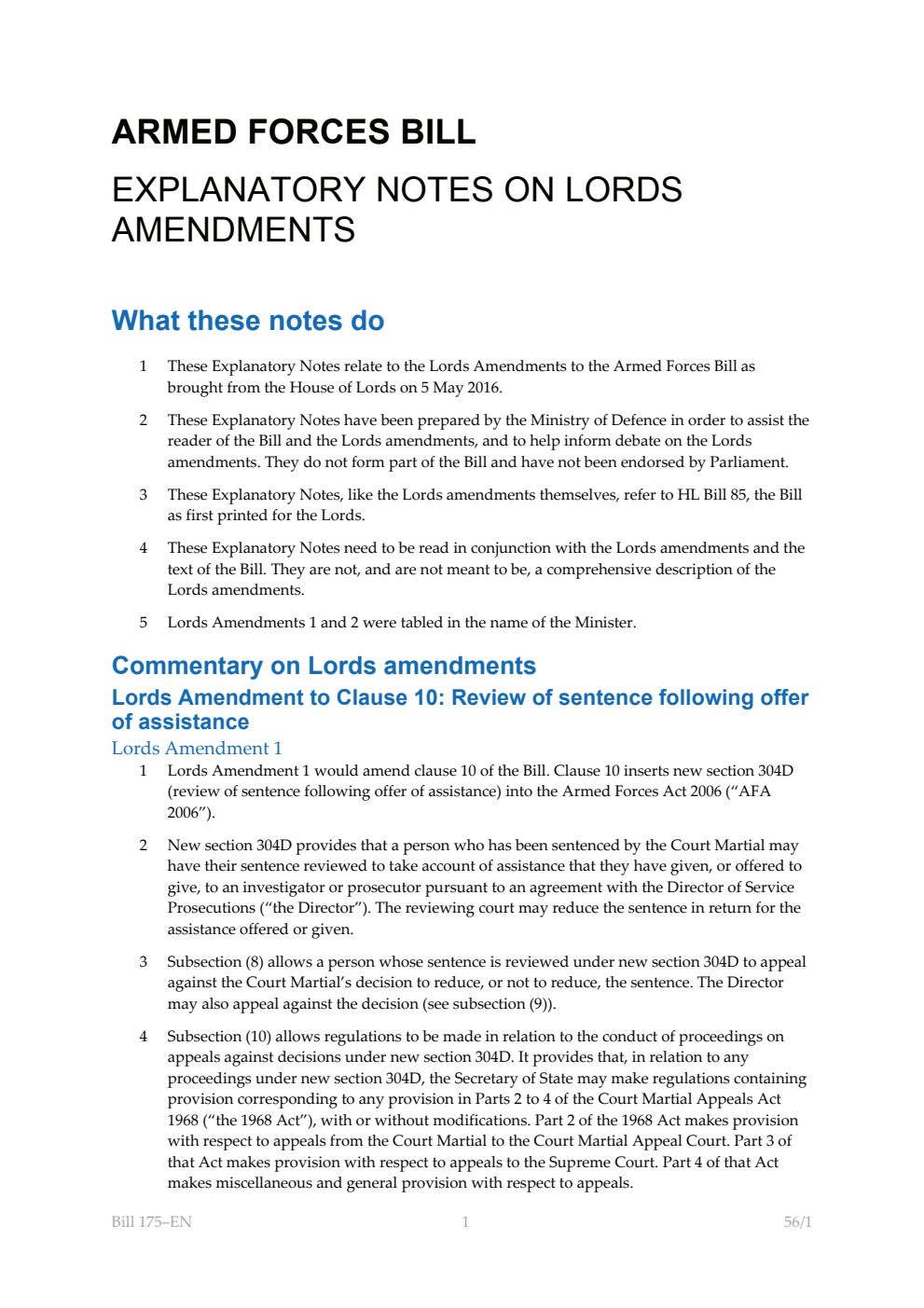 Armed Forces Bill Explanatory Notes on Lords Amendments