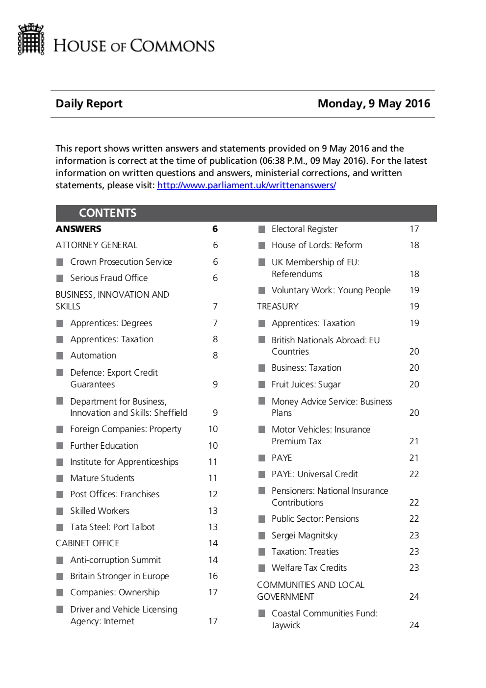 HOC Daily Report Written Answers 09.05.16