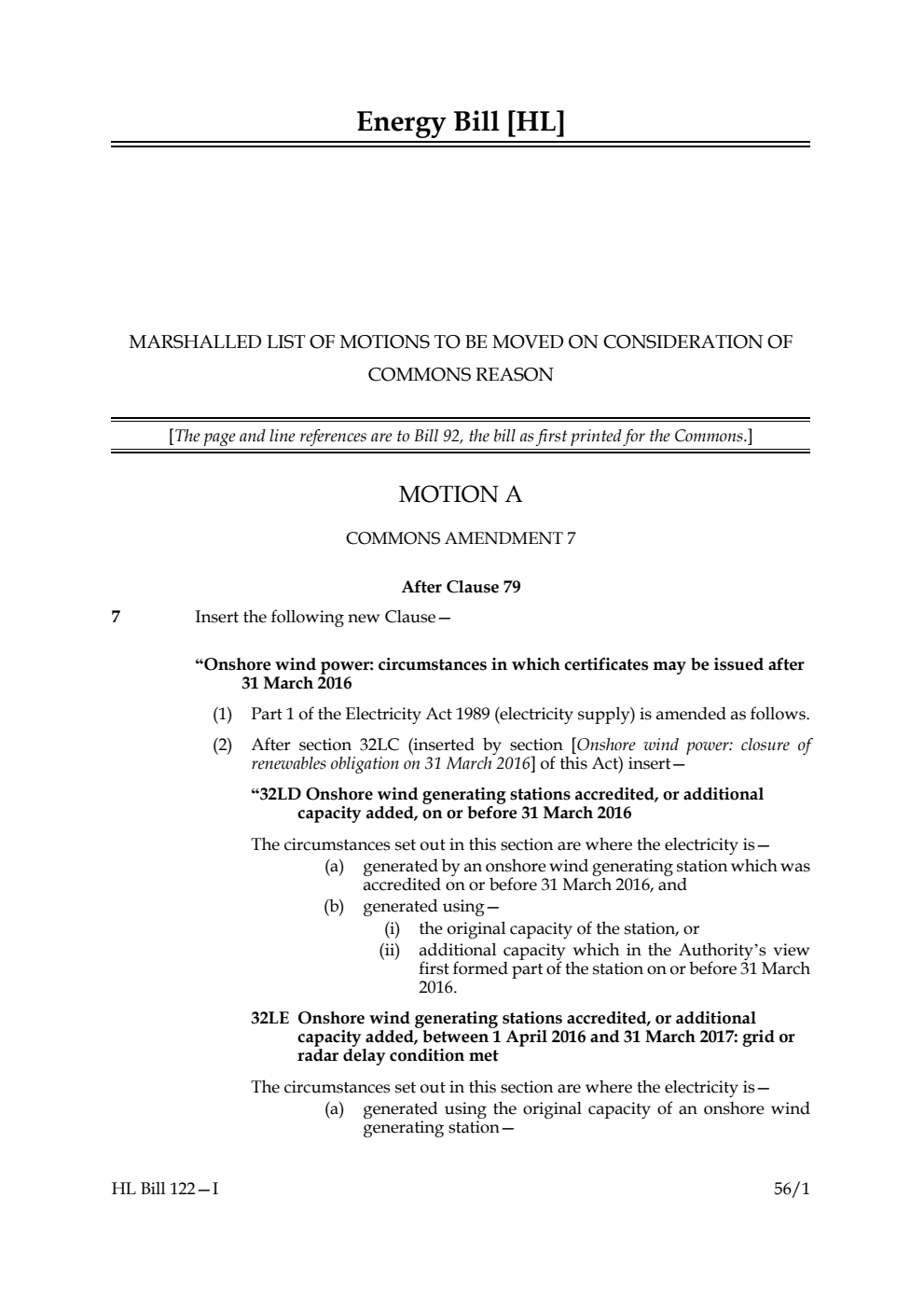 Energy Bill Marshalled list of motions to be moved on consideration of Commons reason