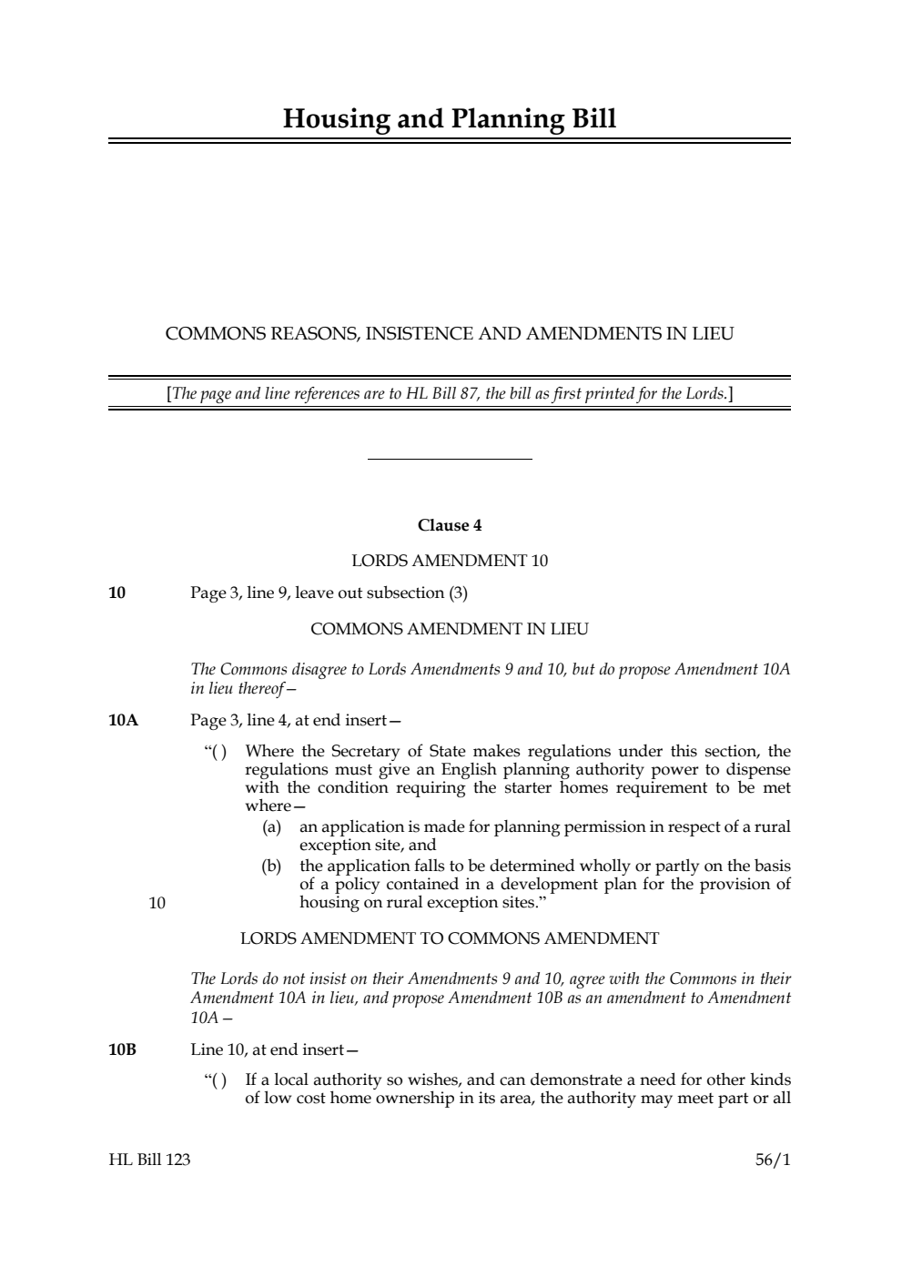 Housing and Planning Bill Commons reasons, insistence and amendments in lieu