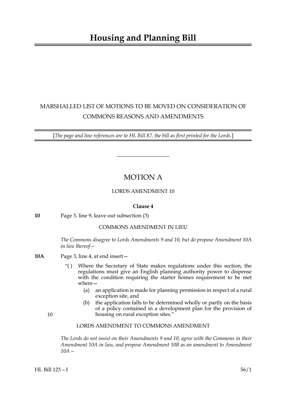 Housing and Planning Bill Marshalled list of motions to be moved on consideration of Commons reasons and amendments