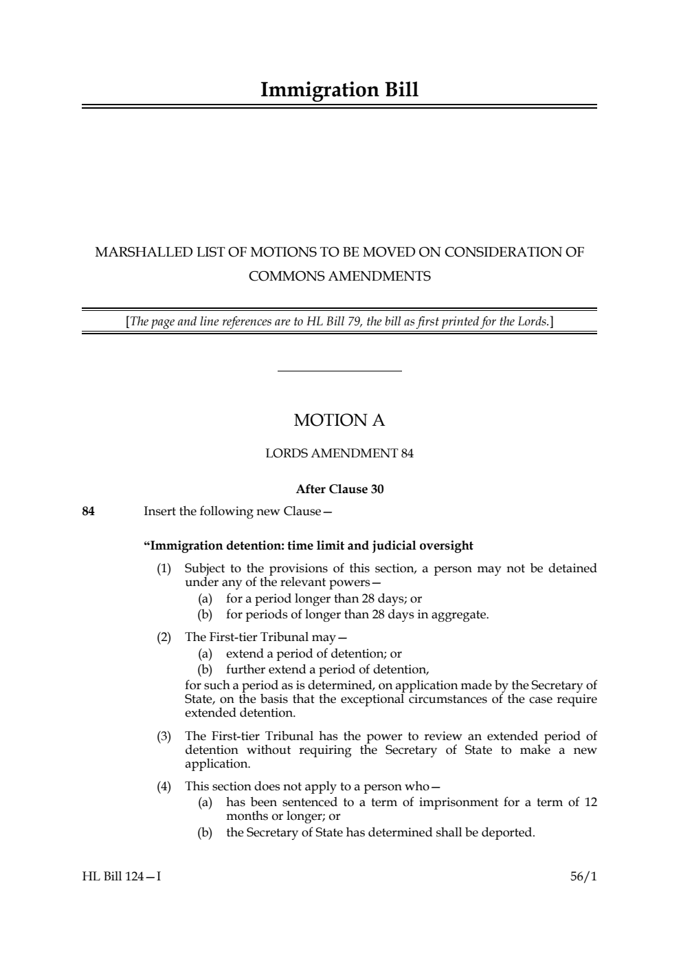 Immigration Bill Marshalled list of motions to be moved on consideration of Commons amendments
