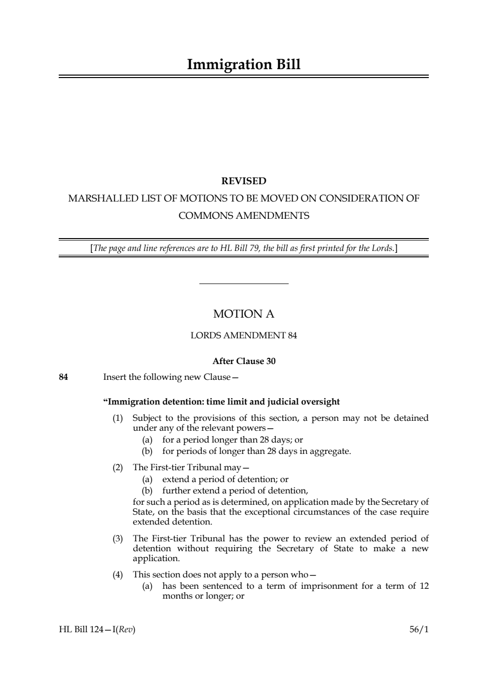 Immigration Bill Revised marshalled list of motions to be moved on consideration of Commons amendments