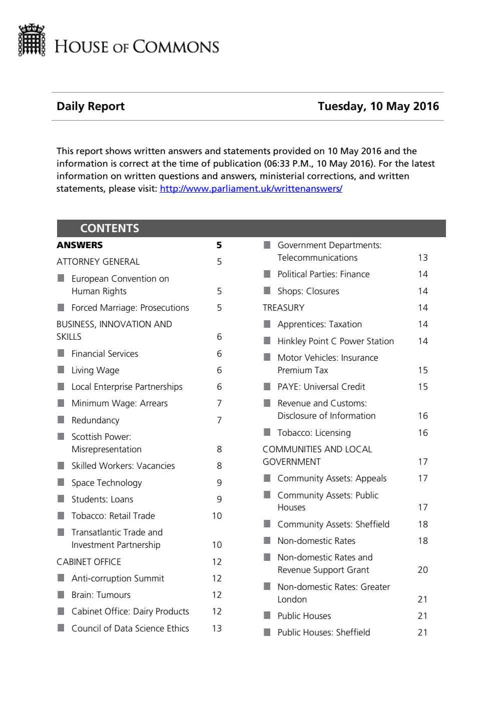 HOC Daily Report Written Answers 10.05.16