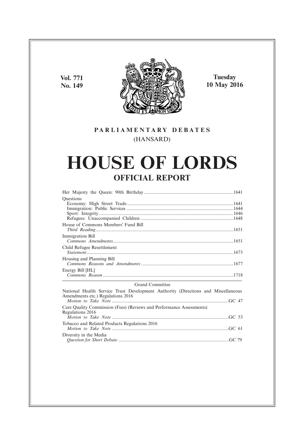 HOL Daily Hansard Vol. 771, No. 149 10.05.16