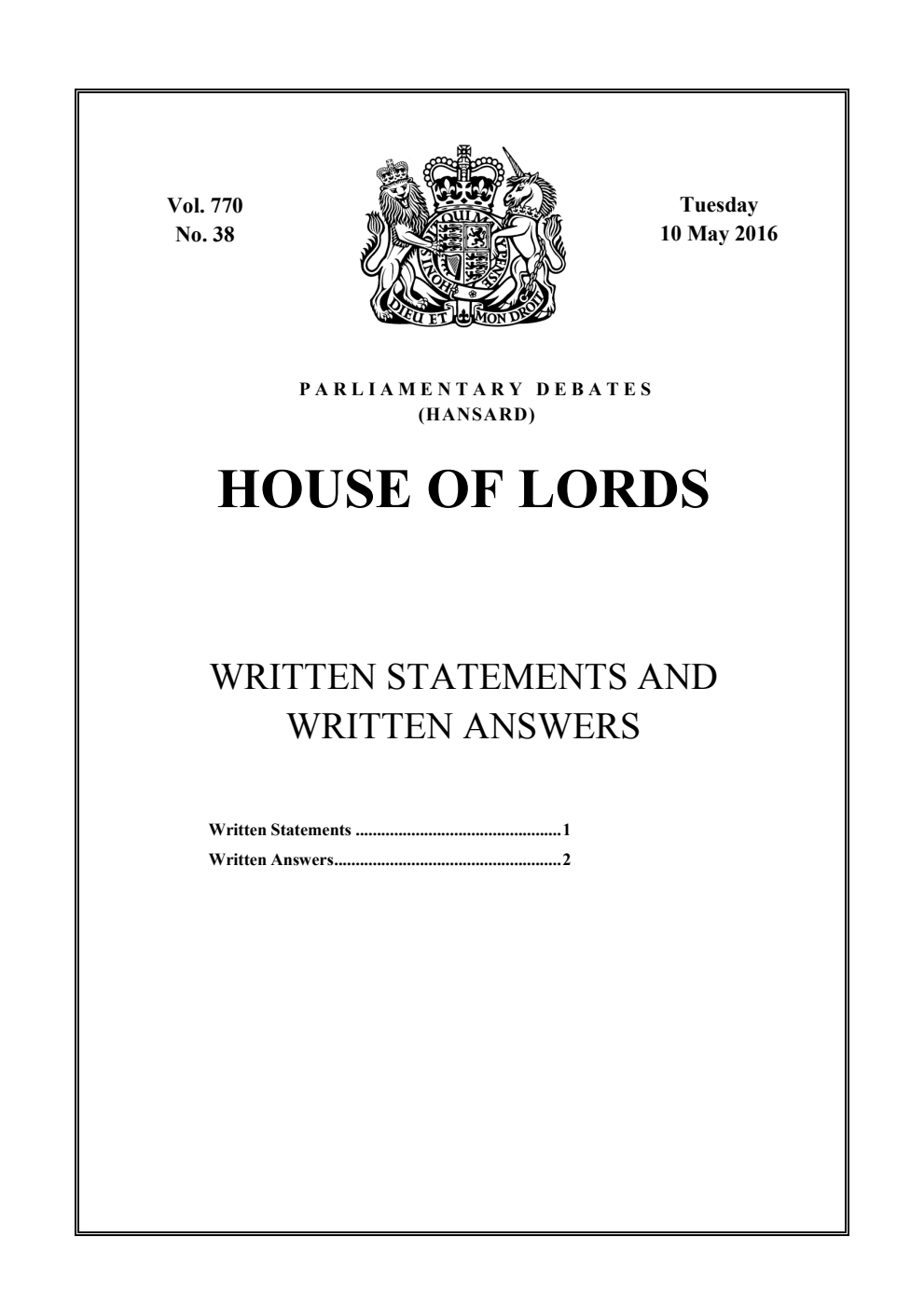 HOL Daily Report Written Statements and Answers 10.05.16