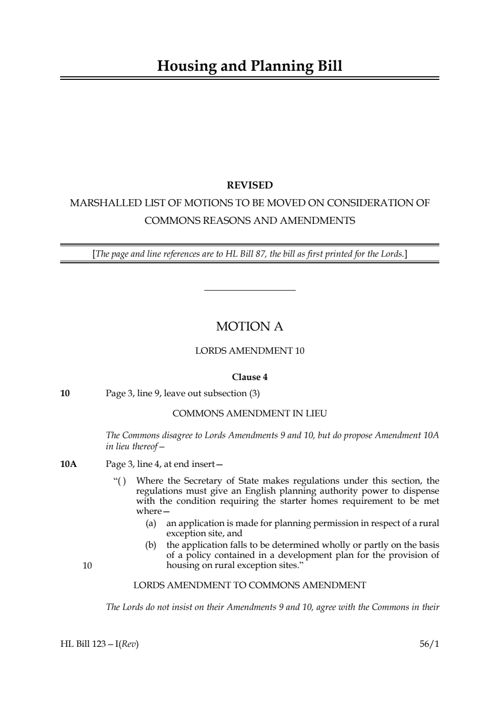 Housing and Planning Bill Revised Marshalled list of motions to be moved on consideration of Commons reasons and amendments