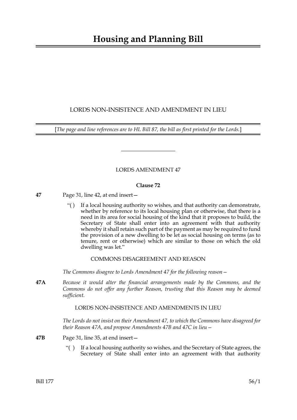 Housing and Planning Bill Lords non-insistence and amendment in lieu