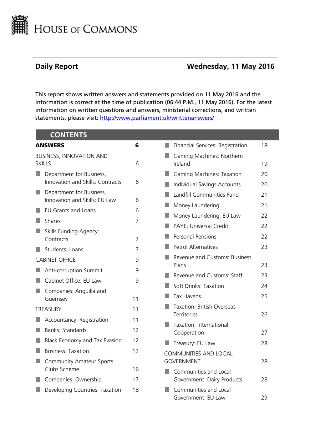 HOC Daily Report Written Answers 11.05.16