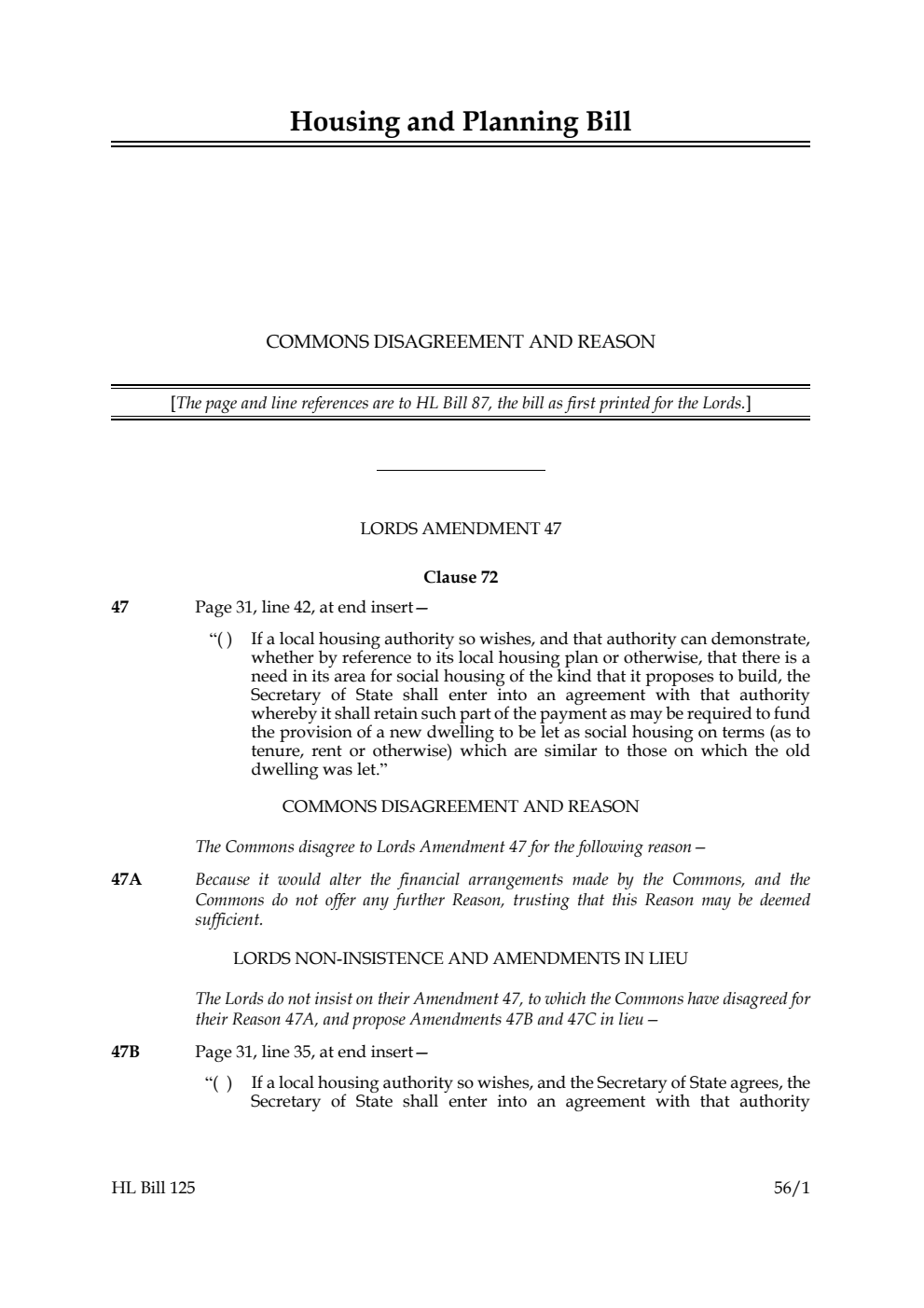 Housing and Planning Bill Commons disagreement and reason