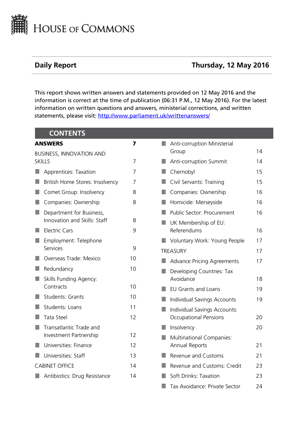 HOC Daily Report Written Answers 12.05.16