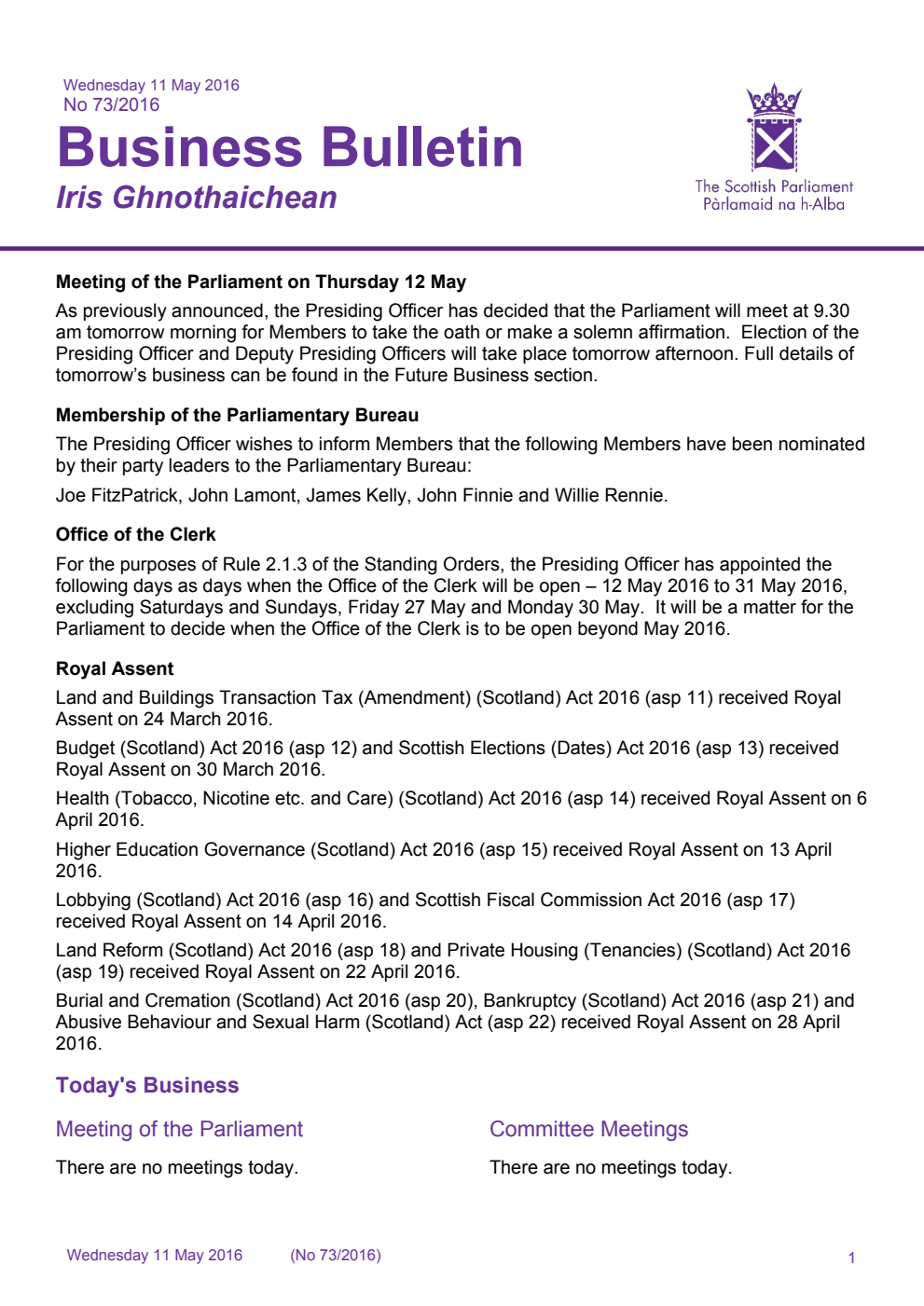 Business Bulletin No. 73/2016, Wednesday 11th May 2016
